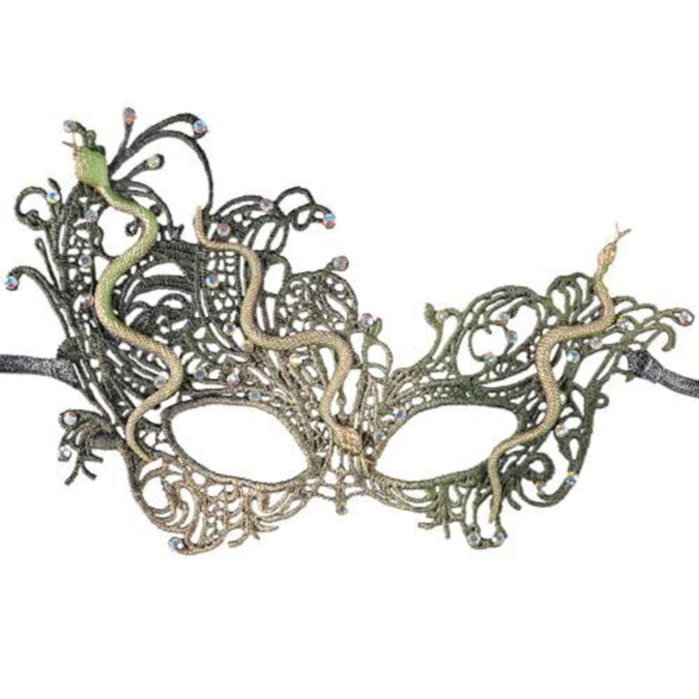 2127 Green Lace Masquerade Mask - Shiny Multicolored Rhinestone Snake Mask